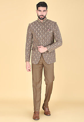 Embroidered Velvet Jodhpuri Suit in Brown