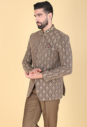 Embroidered Velvet Jodhpuri Suit in Brown