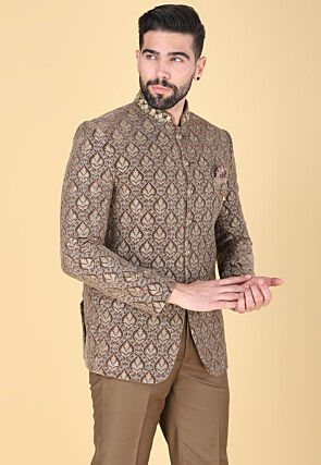 Embroidered Velvet Jodhpuri Suit in Brown