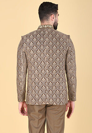 Embroidered Velvet Jodhpuri Suit in Brown