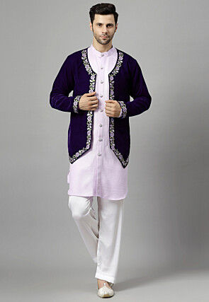 Embroidered Velvet Jodhpuri Suit in Dark Purple and Light Purple