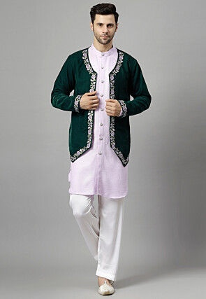 Embroidered Velvet Jodhpuri Suit in Green and Light Purple