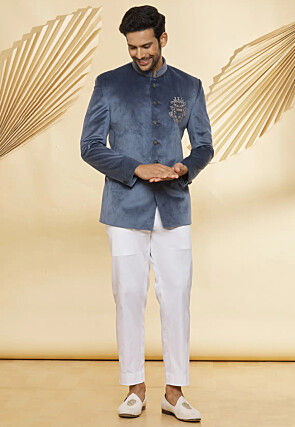 Embroidered Velvet Jodhpuri Suit in Grey