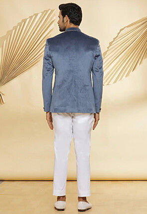 Embroidered Velvet Jodhpuri Suit in Grey
