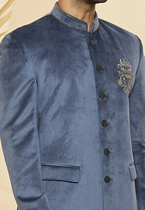 Embroidered Velvet Jodhpuri Suit in Grey