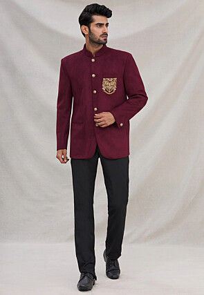 Embroidered Velvet Jodhpuri Suit in Magenta