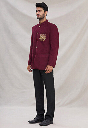 Embroidered Velvet Jodhpuri Suit in Magenta