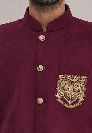 Embroidered Velvet Jodhpuri Suit in Magenta