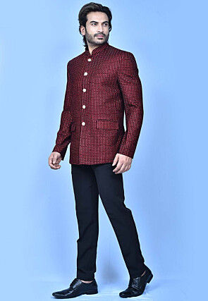 Embroidered Velvet Jodhpuri Suit in Maroon