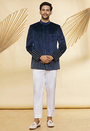 Embroidered Velvet Jodhpuri Suit in Navy Blue
