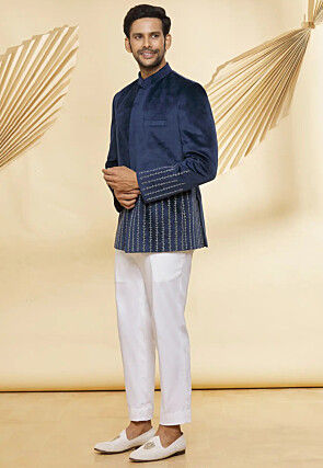 Embroidered Velvet Jodhpuri Suit in Navy Blue