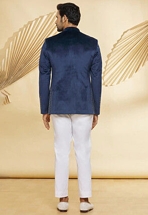 Embroidered Velvet Jodhpuri Suit in Navy Blue