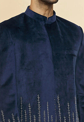 Embroidered Velvet Jodhpuri Suit in Navy Blue