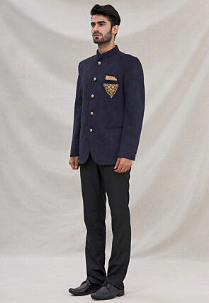 Embroidered Velvet Jodhpuri Suit in Navy Blue