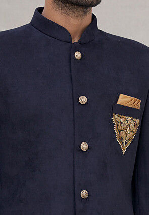 Embroidered Velvet Jodhpuri Suit in Navy Blue