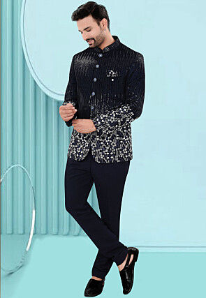 Embroidered Velvet Jodhpuri Suit in Navy Blue