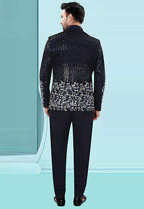 Embroidered Velvet Jodhpuri Suit in Navy Blue