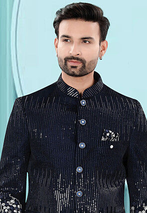 Embroidered Velvet Jodhpuri Suit in Navy Blue