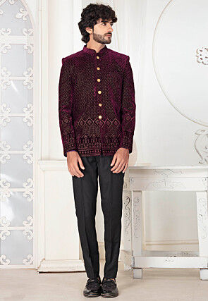 Embroidered Velvet Jodhpuri Suit in Wine