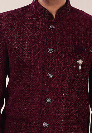 Embroidered Velvet Jodhpuri Suit in Wine