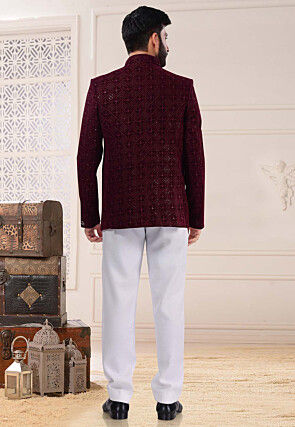 Embroidered Velvet Jodhpuri Suit in Wine