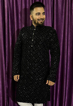 Embroidered Velvet Kurta in Black