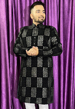 Embroidered Velvet Kurta in Black