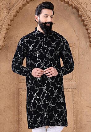 Embroidered Velvet Kurta in Black