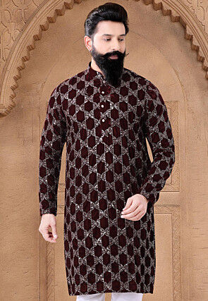 Embroidered Velvet Kurta in Maroon