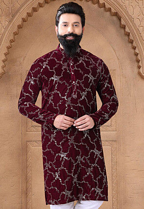Embroidered Velvet Kurta in Maroon