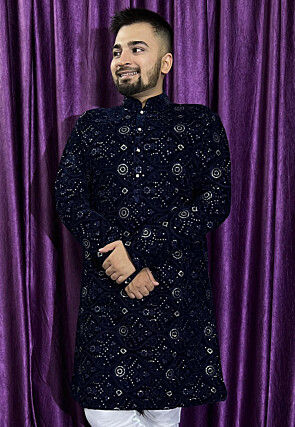 Embroidered Velvet Kurta in Navy Blue