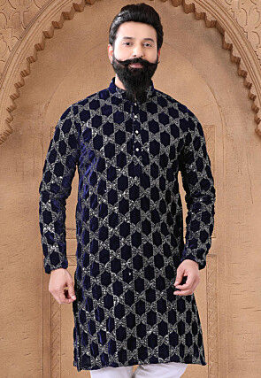 Embroidered Velvet Kurta in Navy Blue