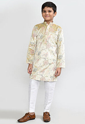 Embroidered Velvet Kurta Set in Beige