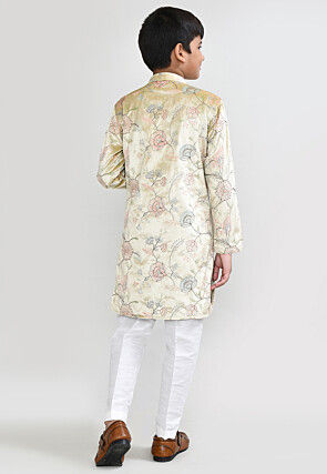 Embroidered Velvet Kurta Set in Beige