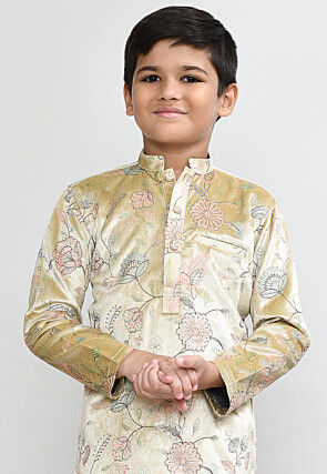 Embroidered Velvet Kurta Set in Beige