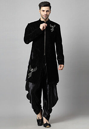 Embroidered Velvet Sherwani in Black