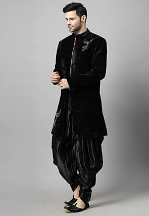 Embroidered Velvet Sherwani in Black