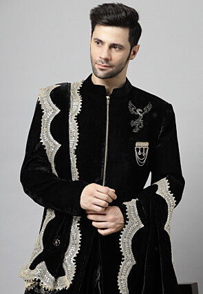 Embroidered Velvet Sherwani in Black