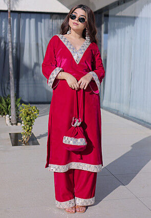 Embroidered Velvet Kurta Set in Fuchsia