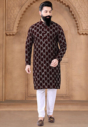Embroidered Velvet Kurta Set in Maroon