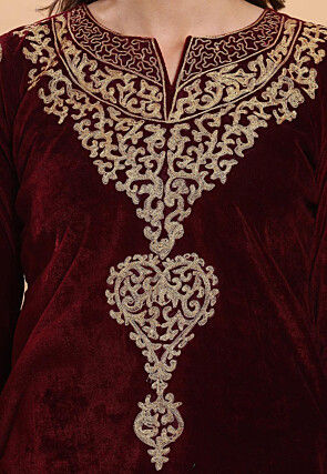 Embroidered Velvet Kurta Set in Maroon