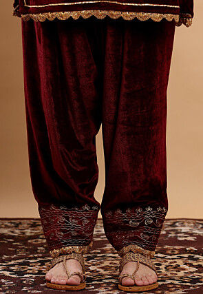 Embroidered Velvet Kurta Set in Maroon