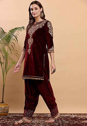 Embroidered Velvet Kurta Set in Maroon