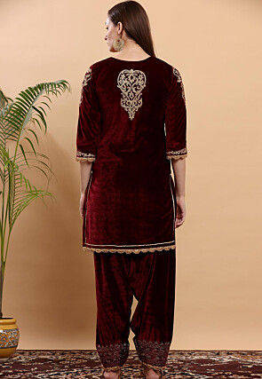 Embroidered Velvet Kurta Set in Maroon