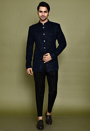 Embroidered Velvet Kurta Set in Navy Blue