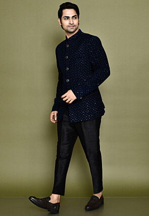 Embroidered Velvet Kurta Set in Navy Blue