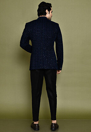 Embroidered Velvet Kurta Set in Navy Blue