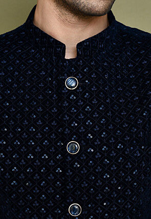 Embroidered Velvet Kurta Set in Navy Blue