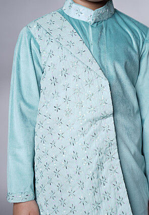 Embroidered Velvet Kurta Set in Sky Blue