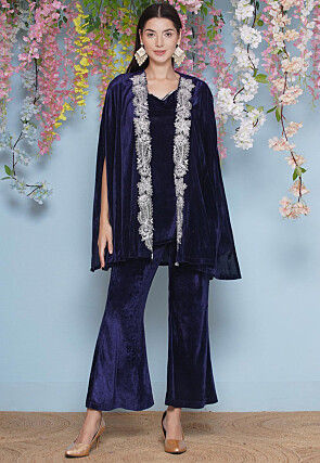 Embroidered Velvet Kurti Set in Navy Blue